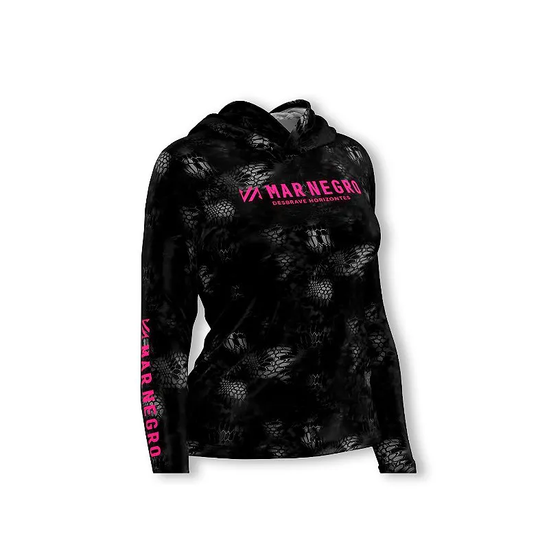 Camiseta Feminina Sublimada Manga Longa Com Capuz - Mar Negro