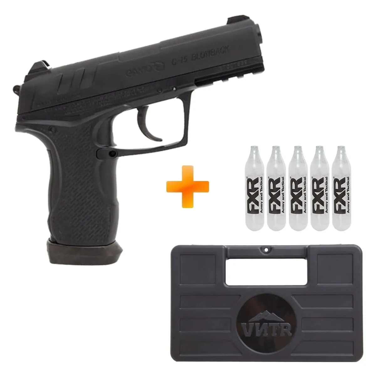 Pistola de Pressão a Gás GAMO GBB CO2 C-15 Blowback Slide Metal Black 4.5mm + Case Rígida VNTR + 5 Cilindros CO2