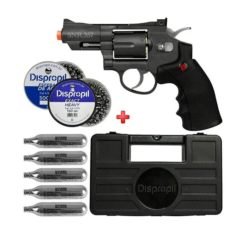 Revólver Pressão CO2 Crosman SNR357 4.5mm + Case Dispropil + Esferas Aço + Chumbinho + 05 CO2
