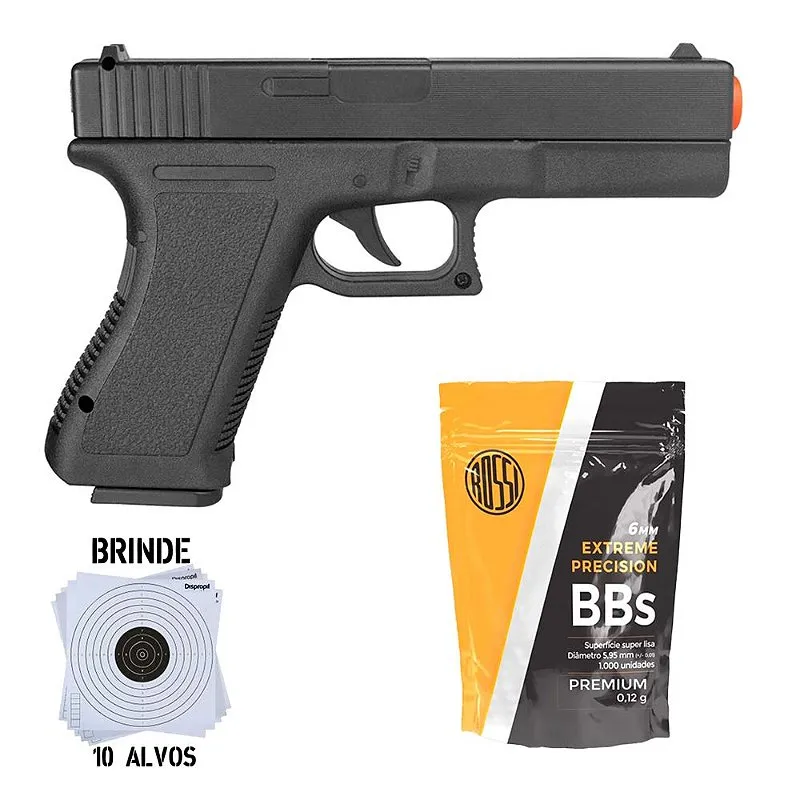 Pistola Airsoft Spring Glock GK-V307 – Vigor + BB's Plásticas Airsoft 0.12g 1000un - Rossi + Alvos