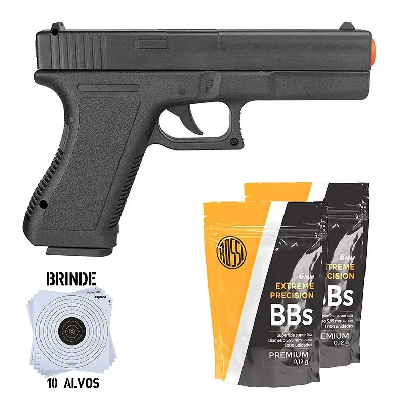 Pistola Airsoft Spring Glock GK-V307 – Vigor + 2 BB's Plásticas Airsoft 0.12g 1000un - Rossi + Alvo