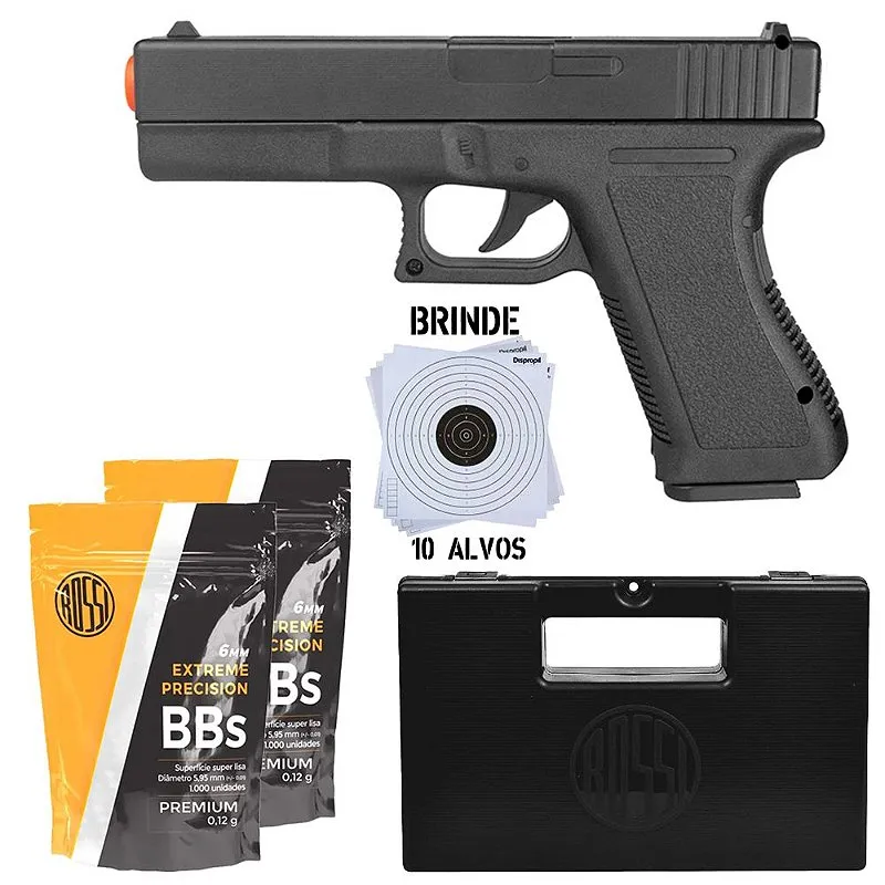 Pistola Airsoft Spring Glock GK-V307 – Vigor + Case Rígido Maleta + 2 BB's 0.12g 1000un + Alvos