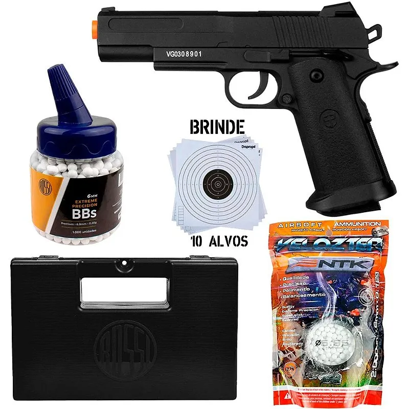 Pistola Airsoft Spring Vigor 1911 V18 FullMetal 6mm + Bb's Velozter 2000un 0.12g + Case Rígido + Alv