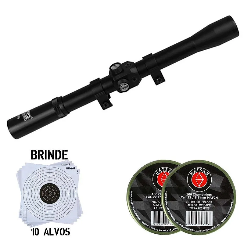 Luneta 4x20 11mm - Fixxar + 2x Chumbinhos Match 5.5mm 100un. - Hatsan + Alvos Brinde
