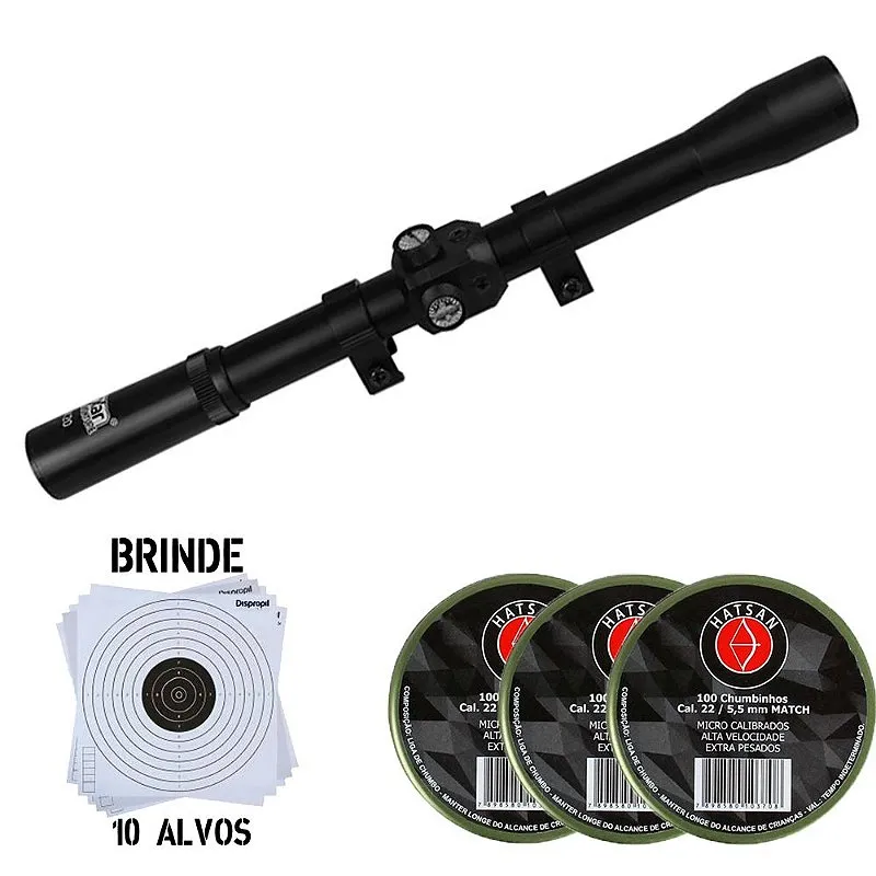 Luneta 4x20 11mm - Fixxar + 3x Chumbinhos Match 5.5mm 100un. - Hatsan + Alvos Brinde