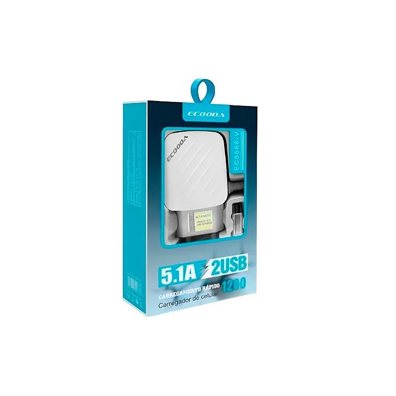 Carregador Para Celular 5.1A 2USB EC5568-V Cabo MicroUSB - Ecooda