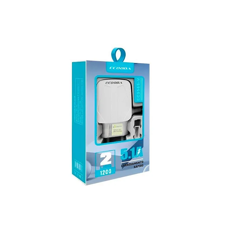 Carregador Para Celular Carregamento Rápido 5.1A 2USB Cabo Micro USB - Ecooda