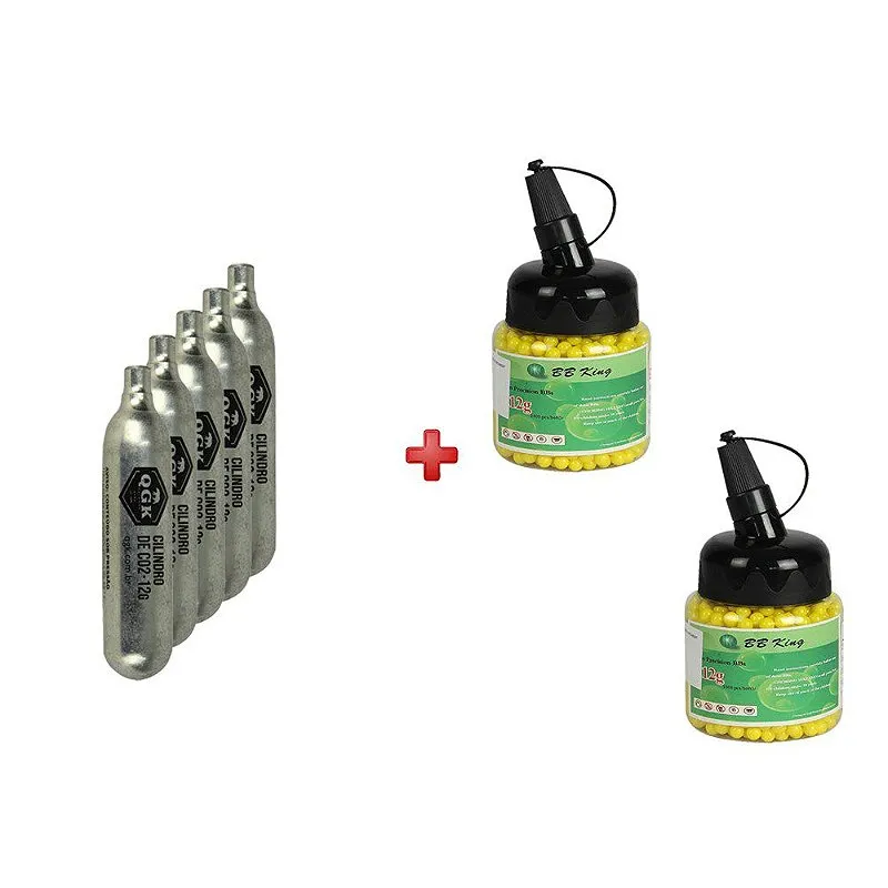 2 BBs Airsoft BB King 0.12g 1000un + 5 Cilindro CO2 QGK 12g