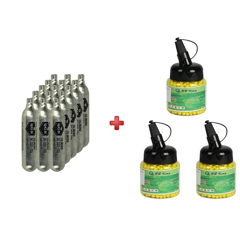 3 BBs Airsoft BB King 0.12g 1000un + 15 Cilindro CO2 QGK 12g