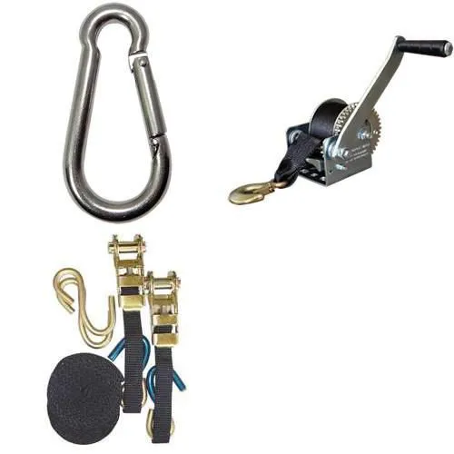 Mosquetão Inox + Guincho 800 lbs + Cinta catraca 2 pçs