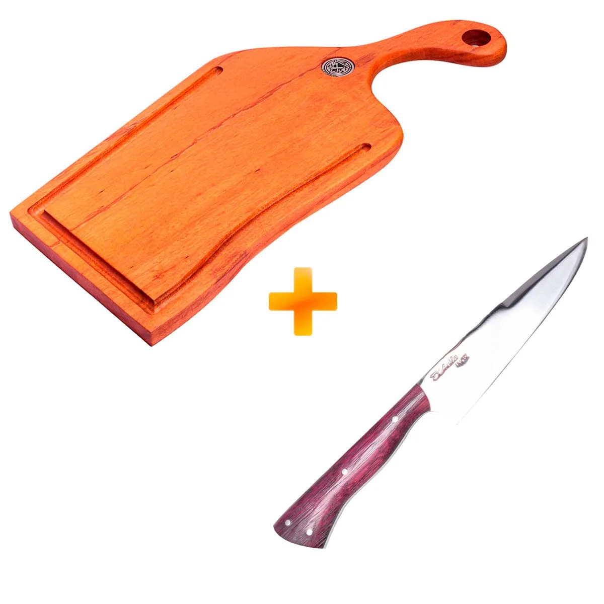 Kit Churrasqueiro 10 - Tábua de Carne Artesanal Aeon - AXT WOOD + Faca Artesanal Gaucha Madeira Roxa D'Ávila 6"