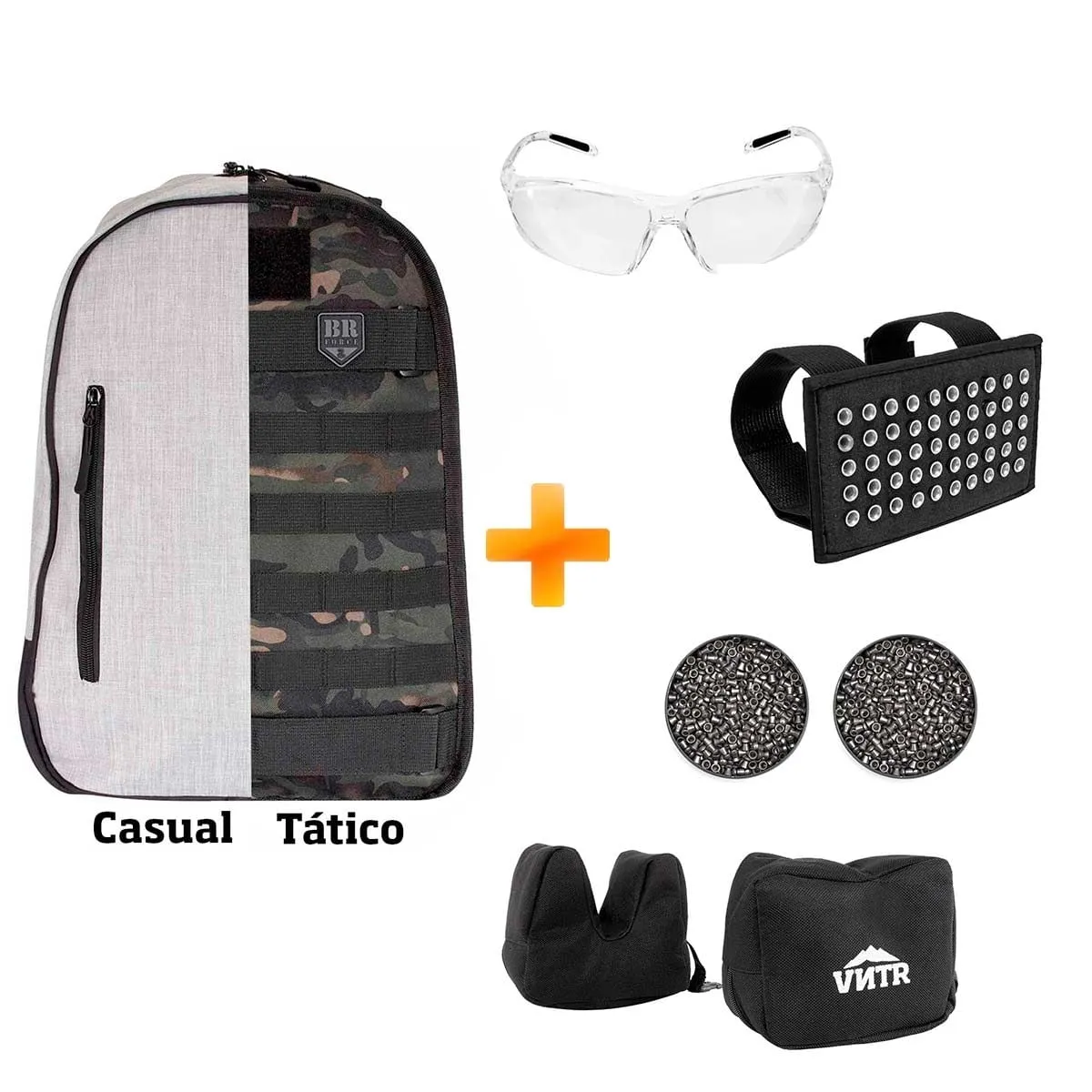 Kit Suprimentos Tiro de Pressão Mochila Tática + Chumbinho 4.5mm + Óculos De Proteção + Apoio Para Tiro + Porta Chumbinhos