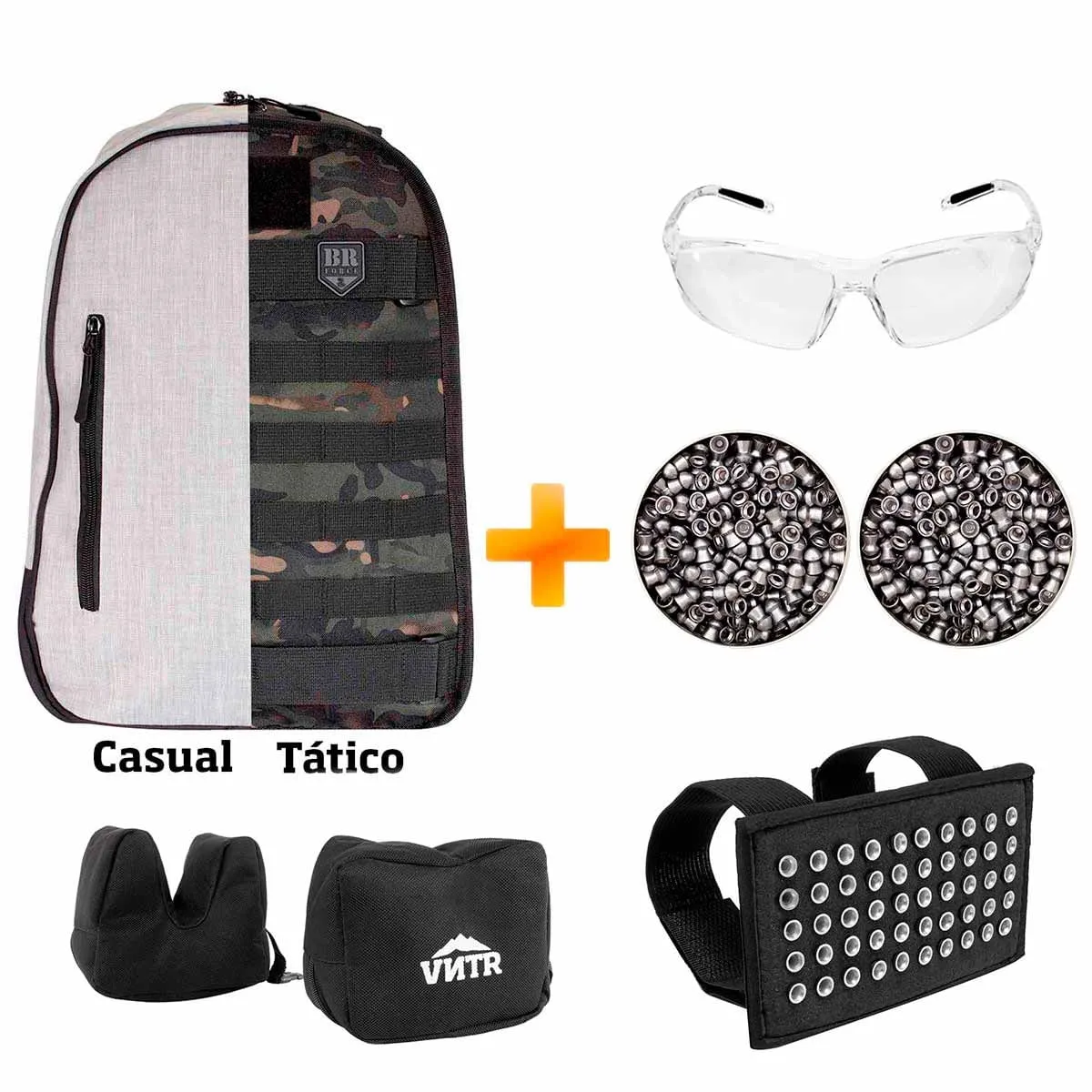 Kit Suprimentos Tiro de Pressão Mochila Tática + Chumbinho 5.5mm + Óculos De Proteção + Apoio Para Tiro + Porta Chumbinhos