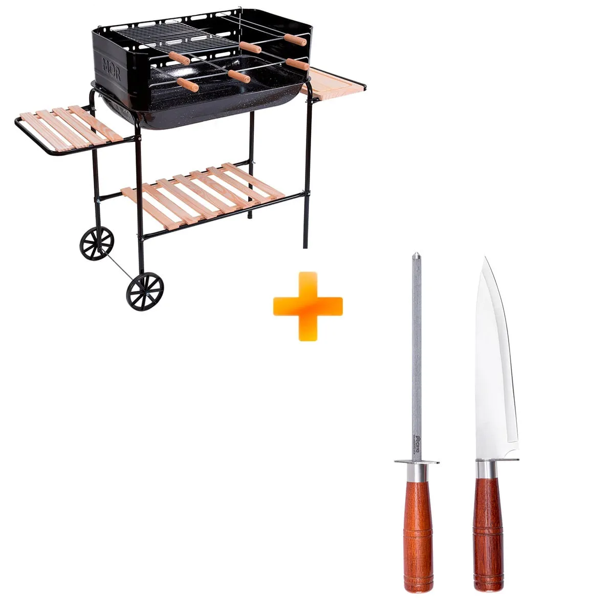 Kit Churrasqueira Rodeio Bacia Esmaltada - Mor + Kit CIMO Premium Faca e Chaira