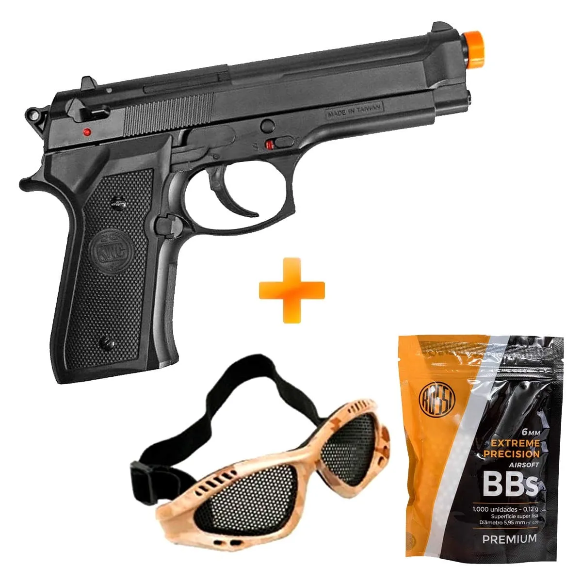 Airsoft Pistola Beretta M92 KWC Spring + Óculos Kobra Tático + BBs