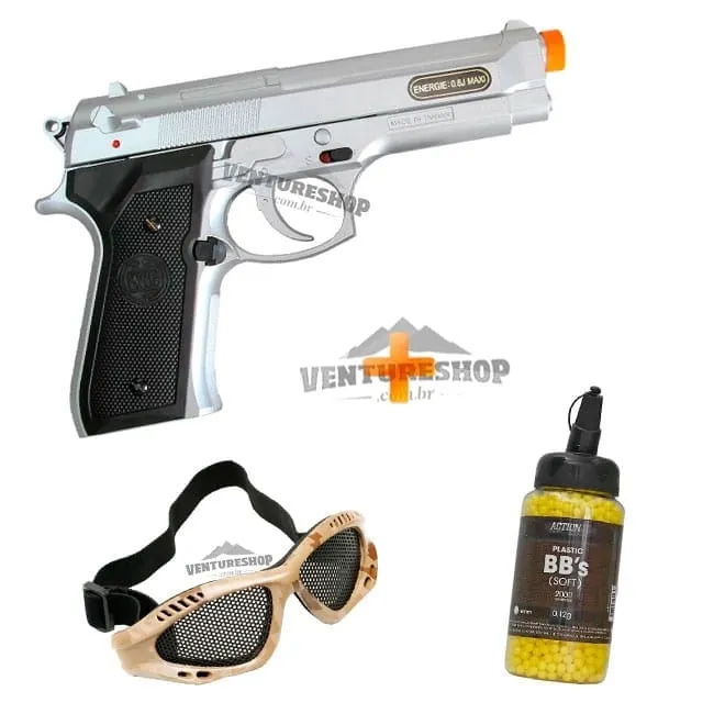 Airsoft Pistola Beretta M92 KWC Spring Prata + Óculos Kobra Tático + BBs