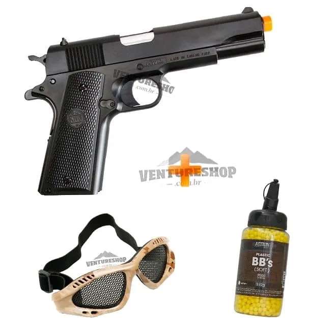 Airsoft Pistola Colt 1911 KWC Spring + Óculos Kobra Tático + BBs
