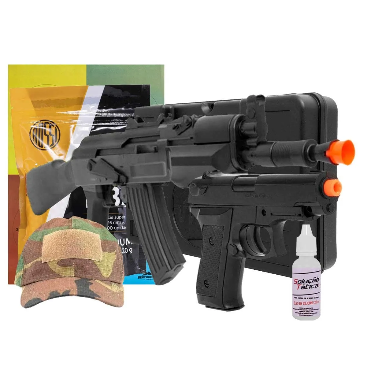 AK Spetsnaz Spring - Cybergun + Pistola P1918 Spring - Vigor + Case + Alvo + BBs + Silicone + Boné