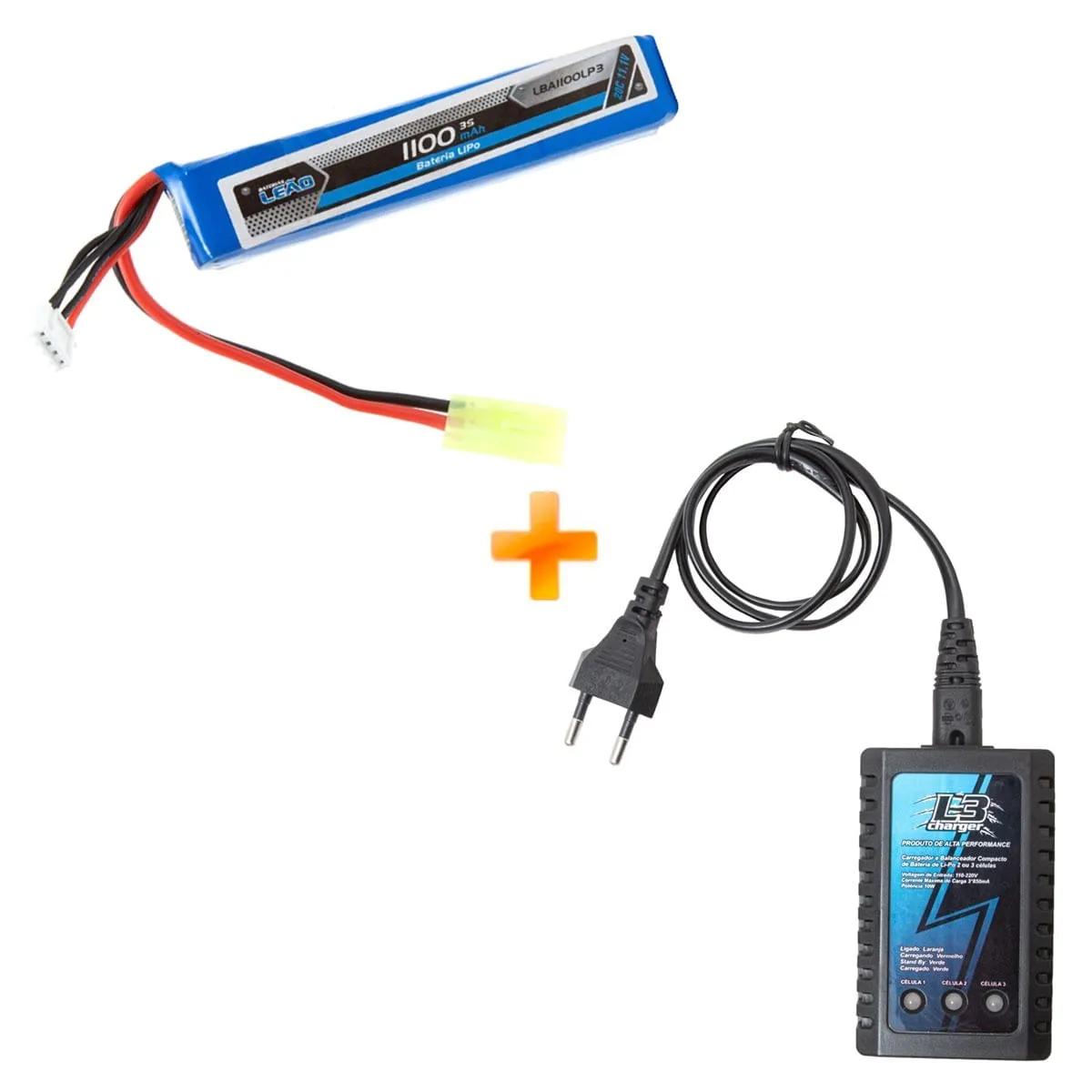 Bateria para Airsoft LiPo 11.1V - 3S (1 Pack) 20/40C 1100mAh + Carregador Compacto Imax L3