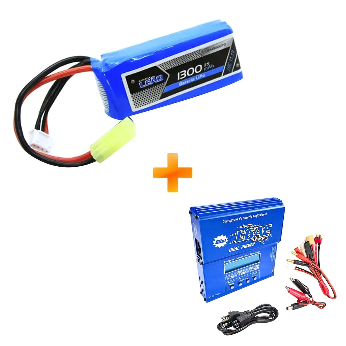 Bateria para Airsoft LiPo 11.1V - 3S (1 Pack) 20/40C 1300mAh Compact + Carregador Lipo L6AC - Leão Modelismo