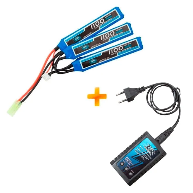 Bateria para Airsoft LiPo 11.1V - 3S (3 Pack) 20/40C 1100mAh + Carregador Compacto Imax L3