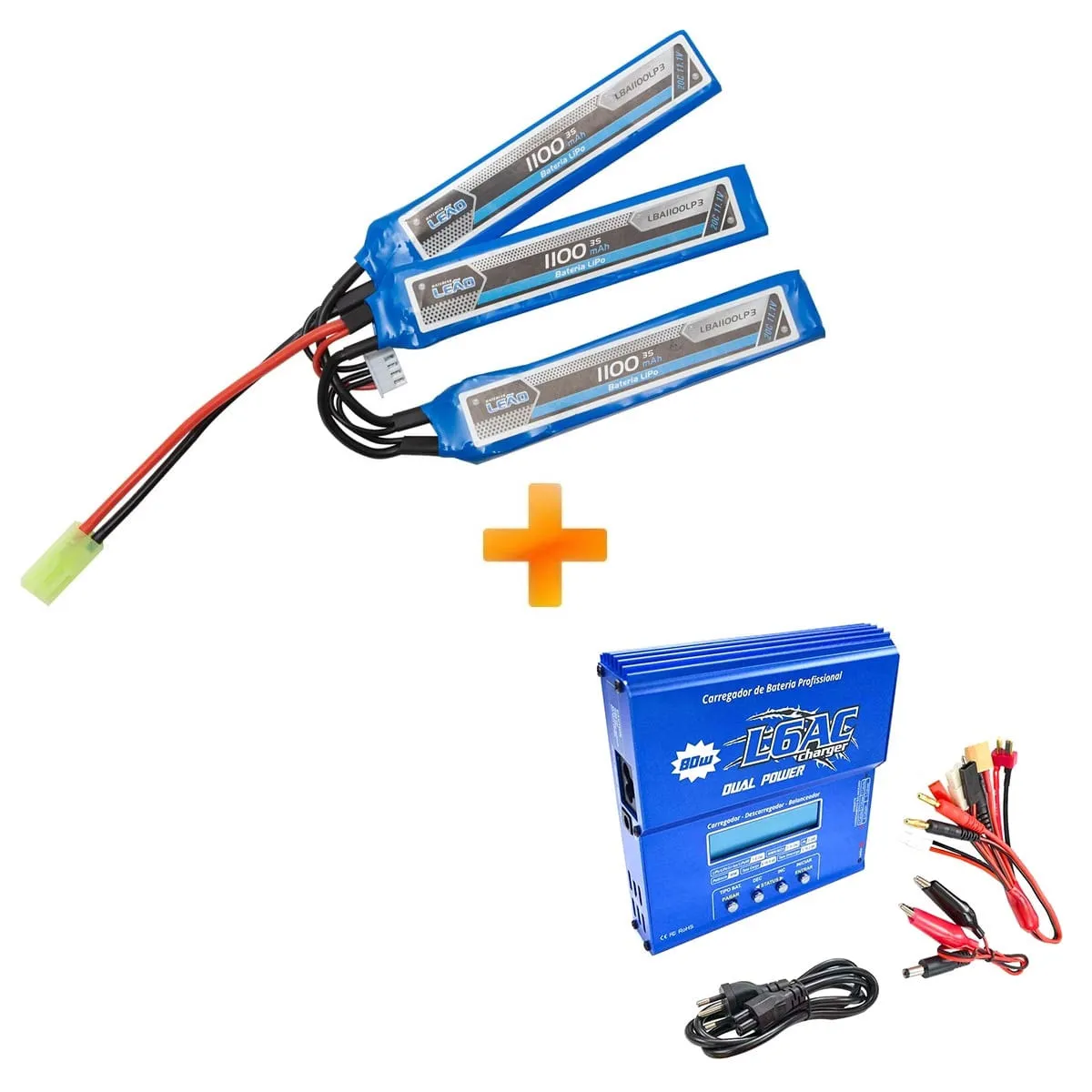 Bateria para Airsoft LiPo 11.1V - 3S (3 Pack) 20/40C 1100mAh + Carregador Lipo L6AC - Leão Modelismo