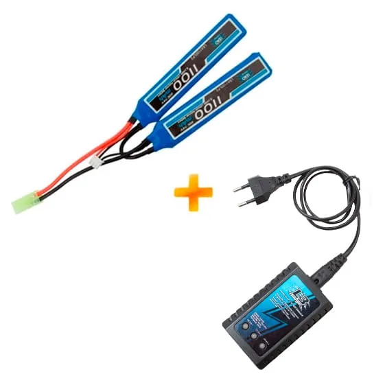 Bateria para Airsoft LiPo 1100mAh 7.4V 2S (2 PACK) 20/40C + Carregador Compacto Imax L3 para Bateria Lipo 2s E 3s