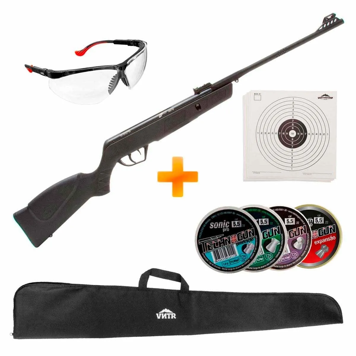 Carabina de Pressão CBC AG10 5.5mm Oxidada Preta + Capa + Óculos + Alvo de Papel + 500 Chumbinhos Technogun