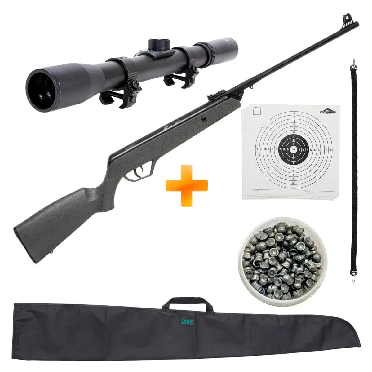 Carabina de Pressão CBC AG11 5.5mm Oxidada Cinza + Luneta 4x20 + Capa + Bandoleira + Chumbinho + Alvos