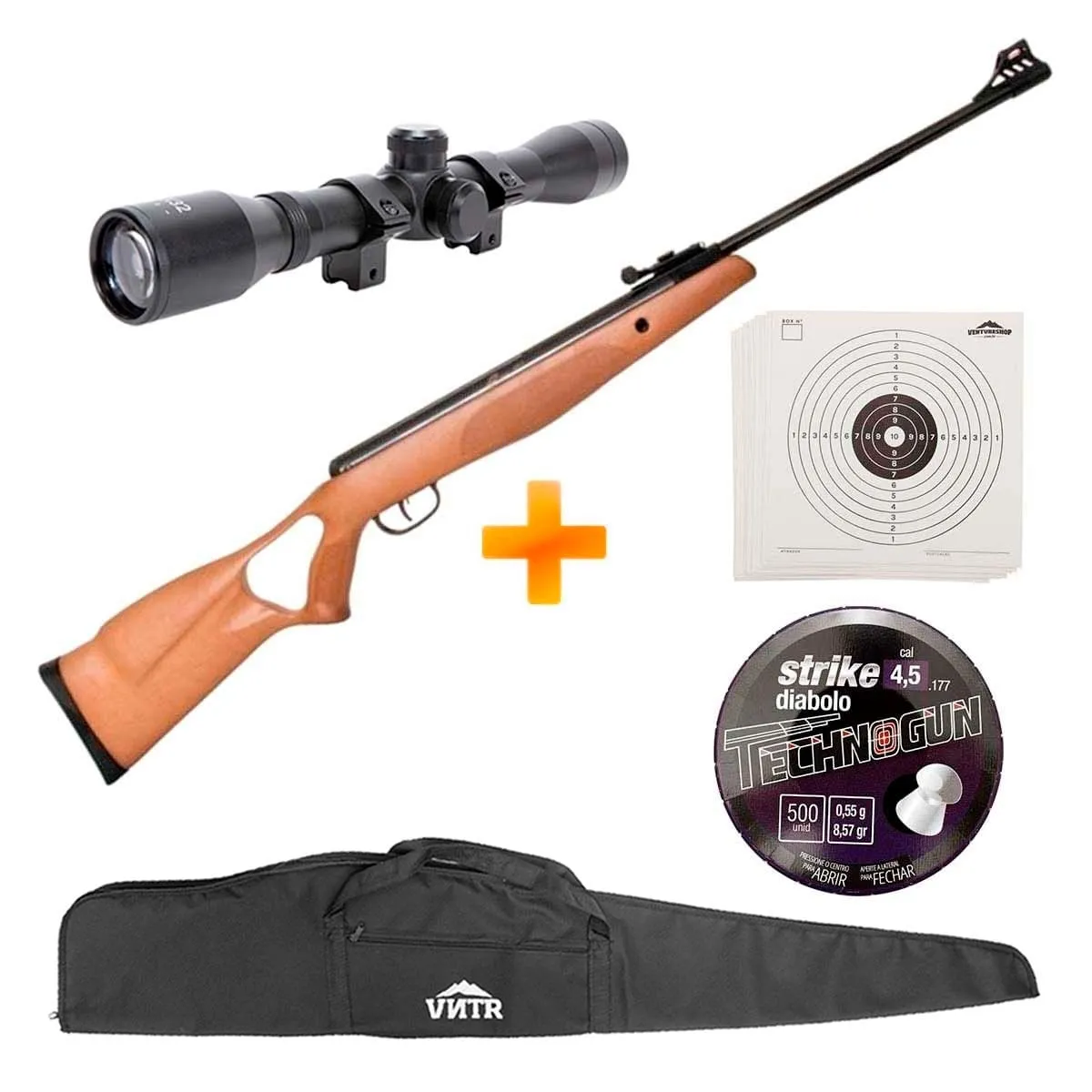 Carabina de Pressão CBC B19Z Nitro Oxidada Madeira 4.5mm + Luneta 4x32 + Capa + Chumbinho + Alvos