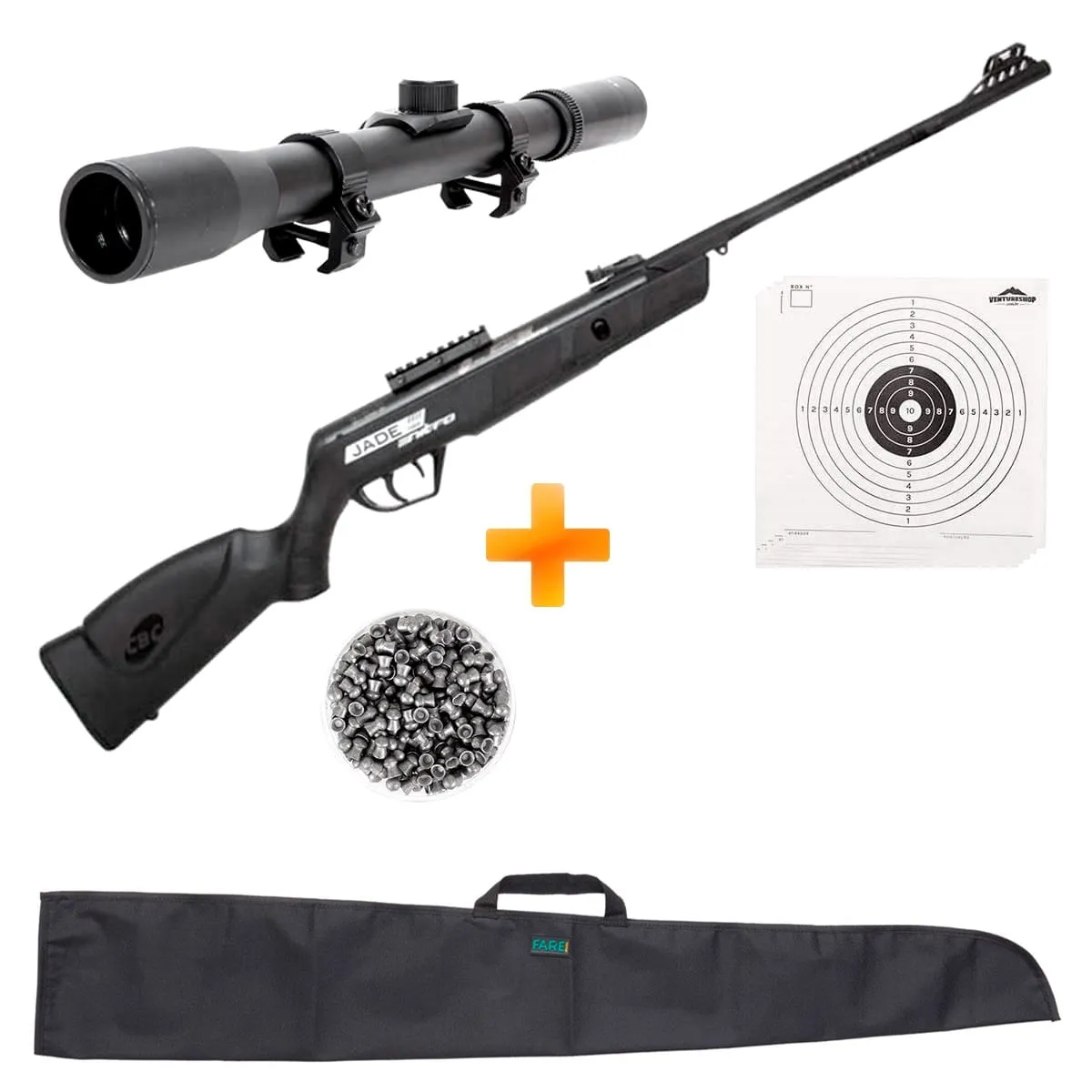 Carabina de Pressão CBC Jade Mais Nitro Oxidada Preta 4.5mm + Luneta 4x20 + Capa + Chumbinho + Alvos