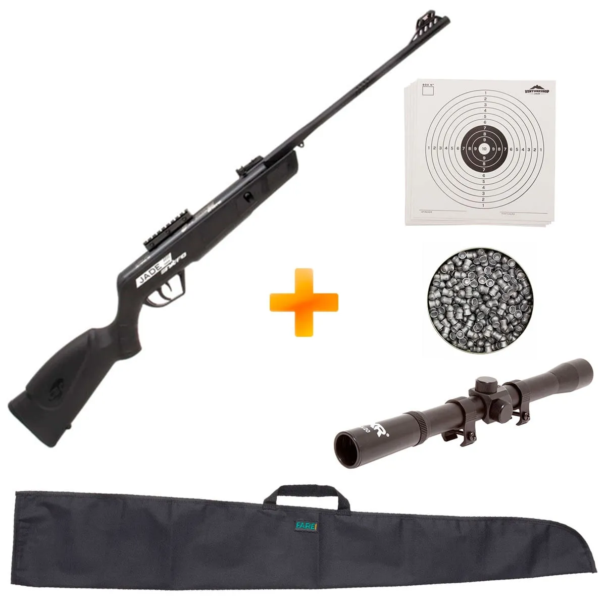Carabina de Pressão CBC Jade Mais Nitro Oxidada Preta 5.5mm + Luneta 4x20 + Capa + Chumbinho + Alvos