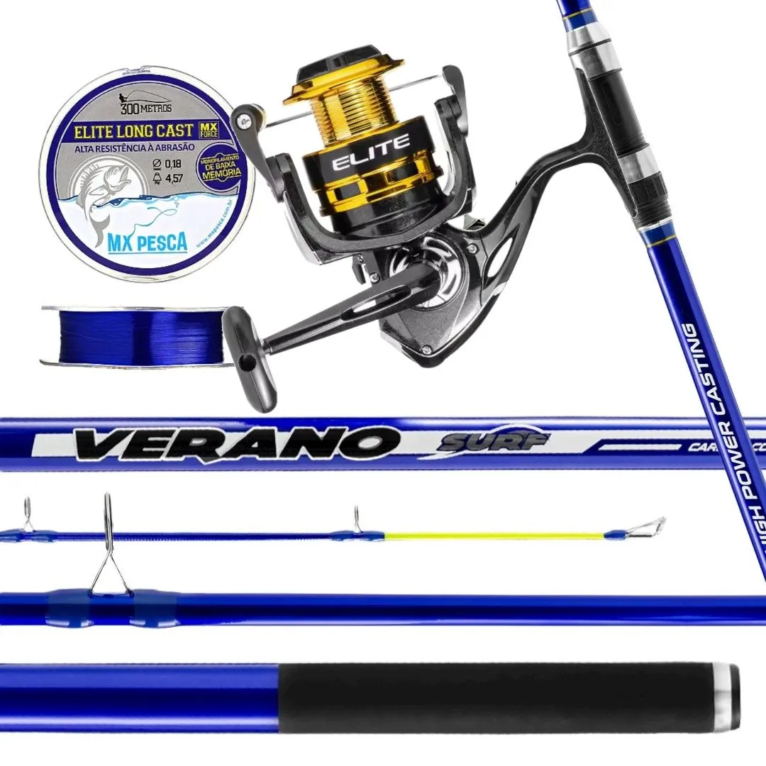 Kit Pesca de Praia Elite Gold - Vara Verano 4,20m com Molinete 8000 + Linha Mx 300mts