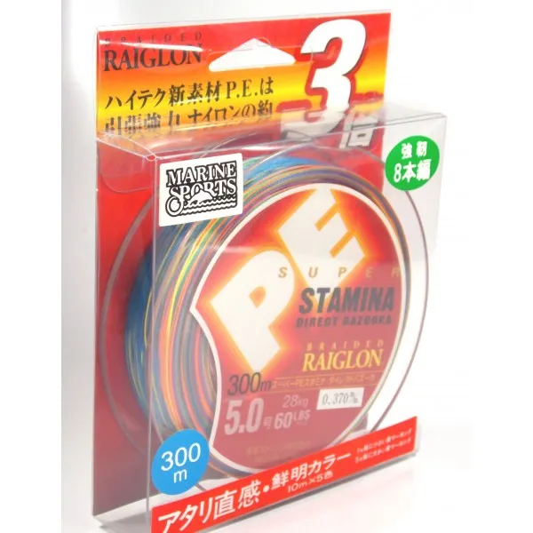 Linha multifilamento RAIGLON STAMINA PE8 (0,47 mm) - 80 Lbs - Colorida - 300 metros