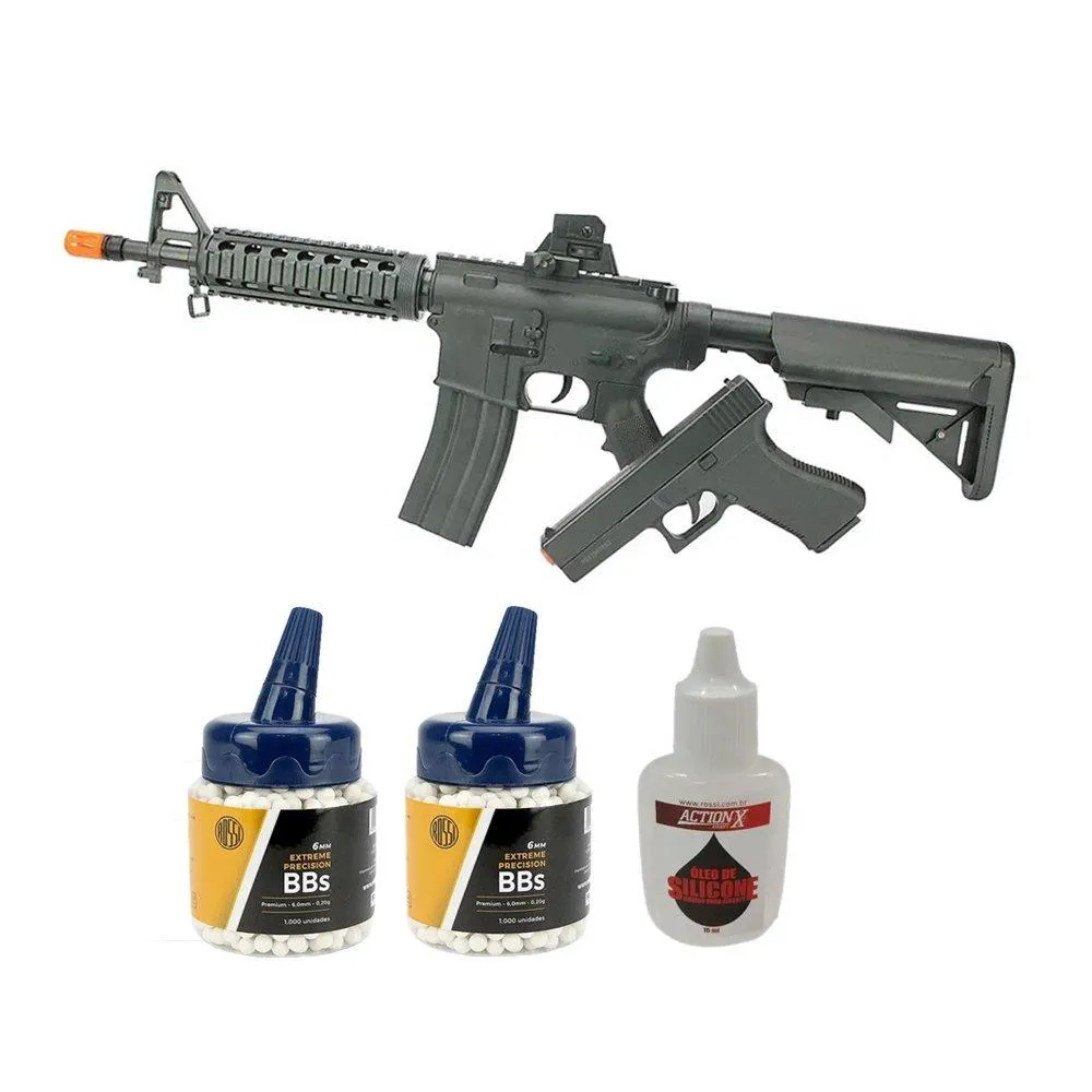 Kit Rifle M4 + Pistola V307 Airsoft Spring Rossi + 2000 BBs
