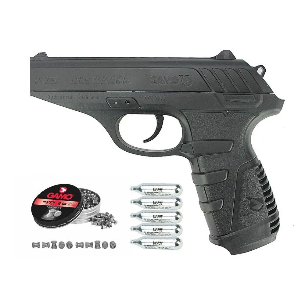Pistola Pressão Gamo Gbb P-25 slide metal 4.5+CO2+Chumbinhos