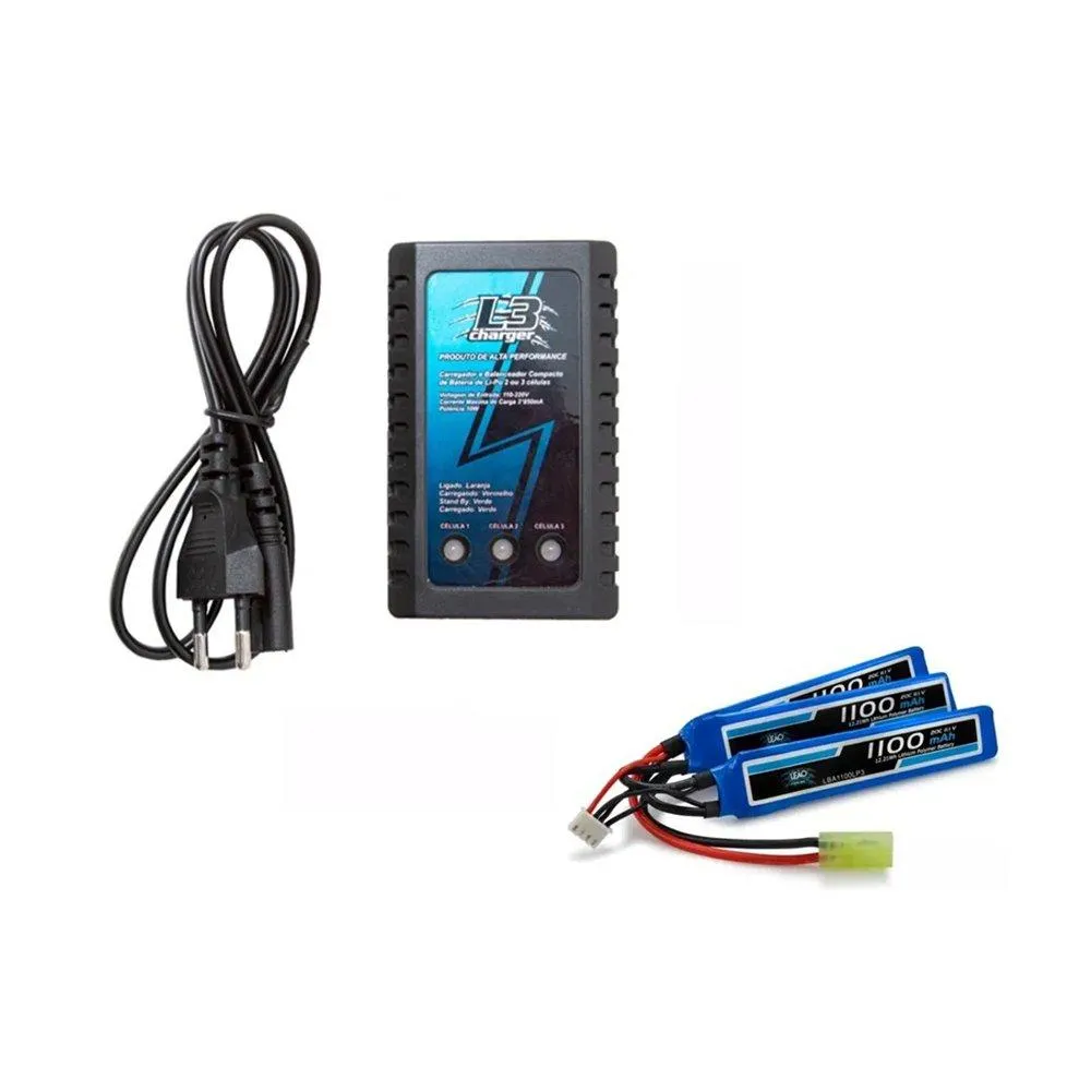 Bateria Airsoft Lipo 11.1v/3s - 1100mah + Carregador Lipo