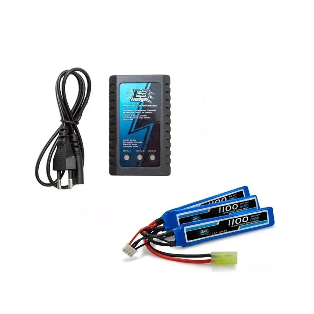 Bateria Airsoft Lipo 11.1v/3s 1100mah 20c/40c + Carregador