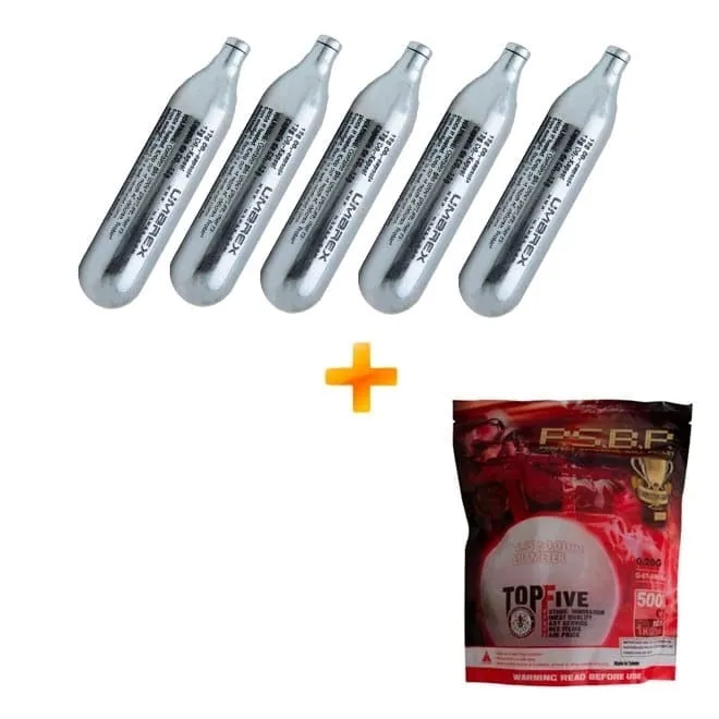 Kit 5.000 Bbs Airsoft G&G 0.20 - Munição Premium Series + 5 Cilindros CO2