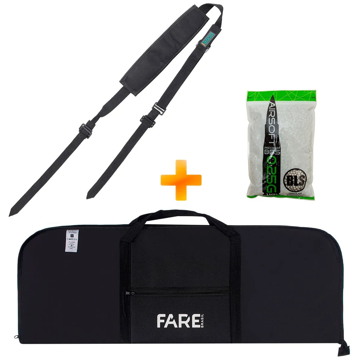 KIT Airsoft: Capa Almofadada Preta + Bandoleira Dois Pontos com ajuste + BBs BLS 0.25g 4.000un - FARE Brasil