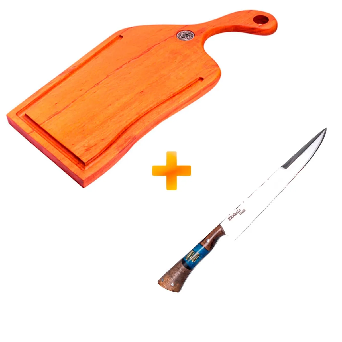 Kit Churrasqueiro 3 - Tábua de Carne Artesanal Aeon - AXT WOOD + Faca Artesanal D'Ávila 8" Sorocabano Cápsula 22