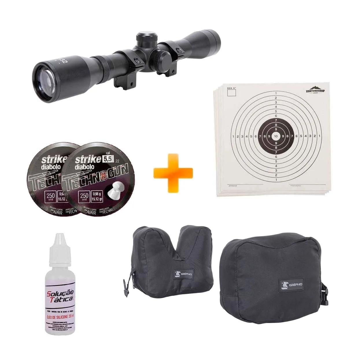 Kit Luneta 4x32 + Sand Bag + Chumbinho + Óleo de Silicone + Alvos