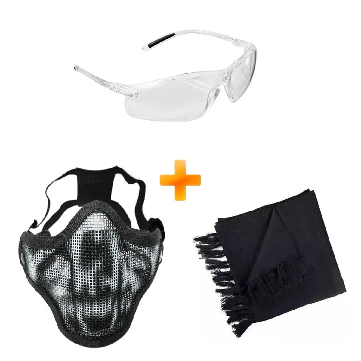 Kit para Airsoft - Máscara de Airsoft Meia Face + Óculos de Proteção + Shemagh
