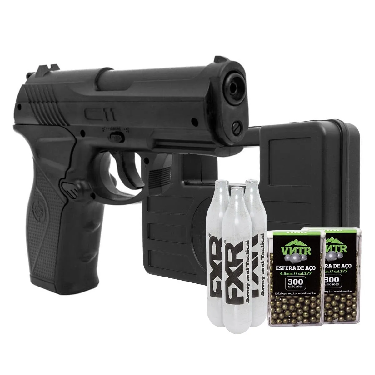Kit Pistola de Pressão a Gás CO2 C11 4.5mm - Crosman + Case + Cilindro Co2 + Esferas de Aço