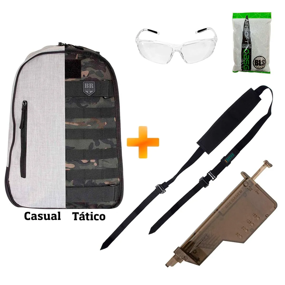 Kit Suprimentos Airsoft Mochila Tática + Óculos Proteção + Bandoleira Dois Pontos + BBs 0.25g + Speed Loader