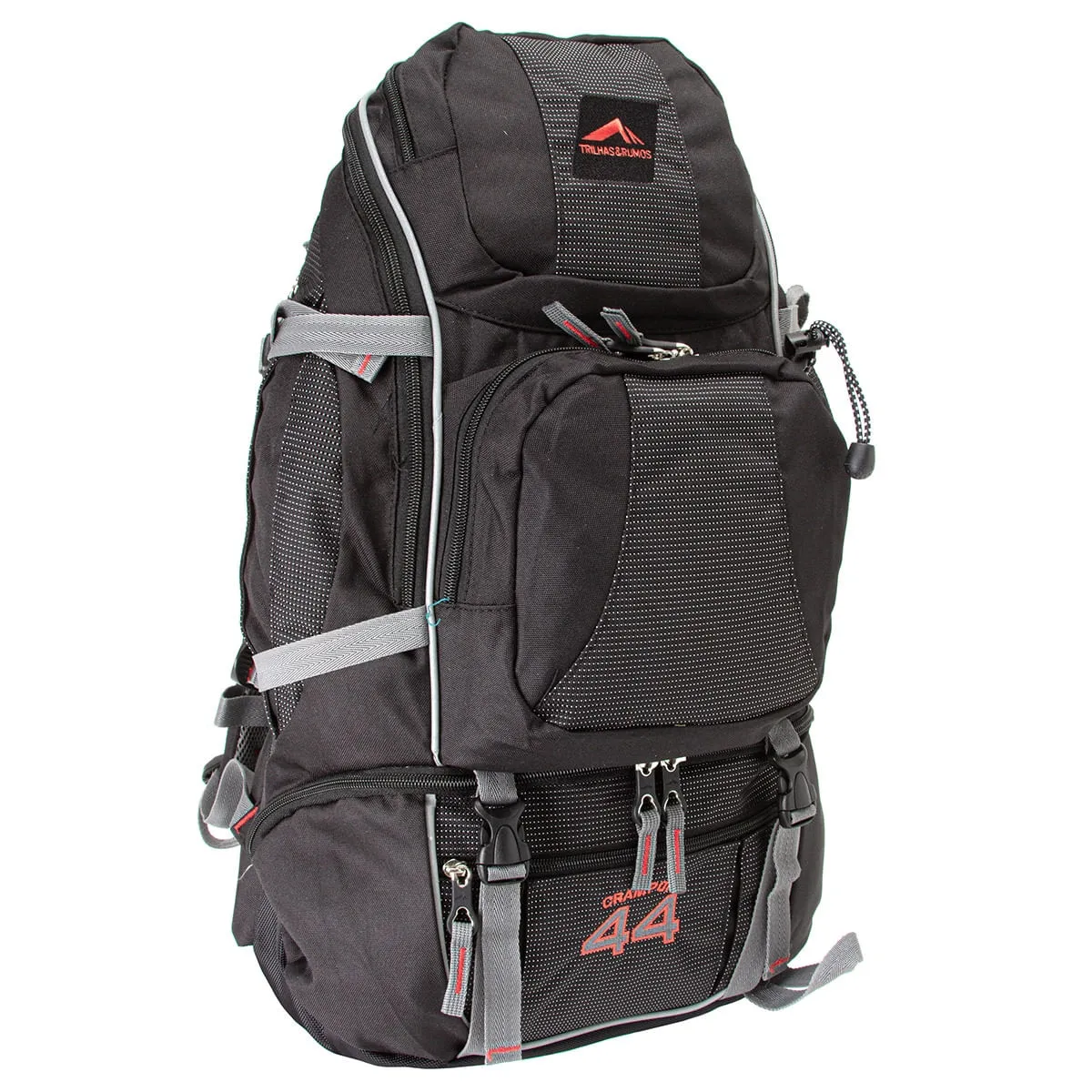 Mochila Crampon 44 Litros Preto com Pontilhado - Trilhas e Rumos
