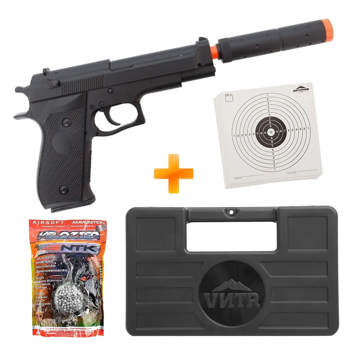 Pistola Airsoft Beretta M22 Spring com Silenciador - Double Eagle + BBs + Maleta + Alvos