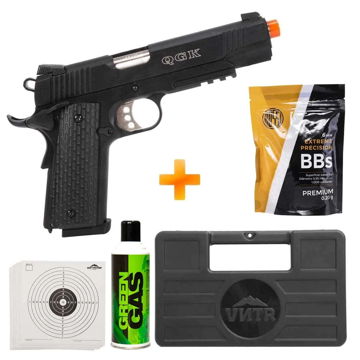 Pistola de Airsoft GBB Green Gas R28 M1911 Warrior Black + Maleta + BBs + Green Gás + Alvos