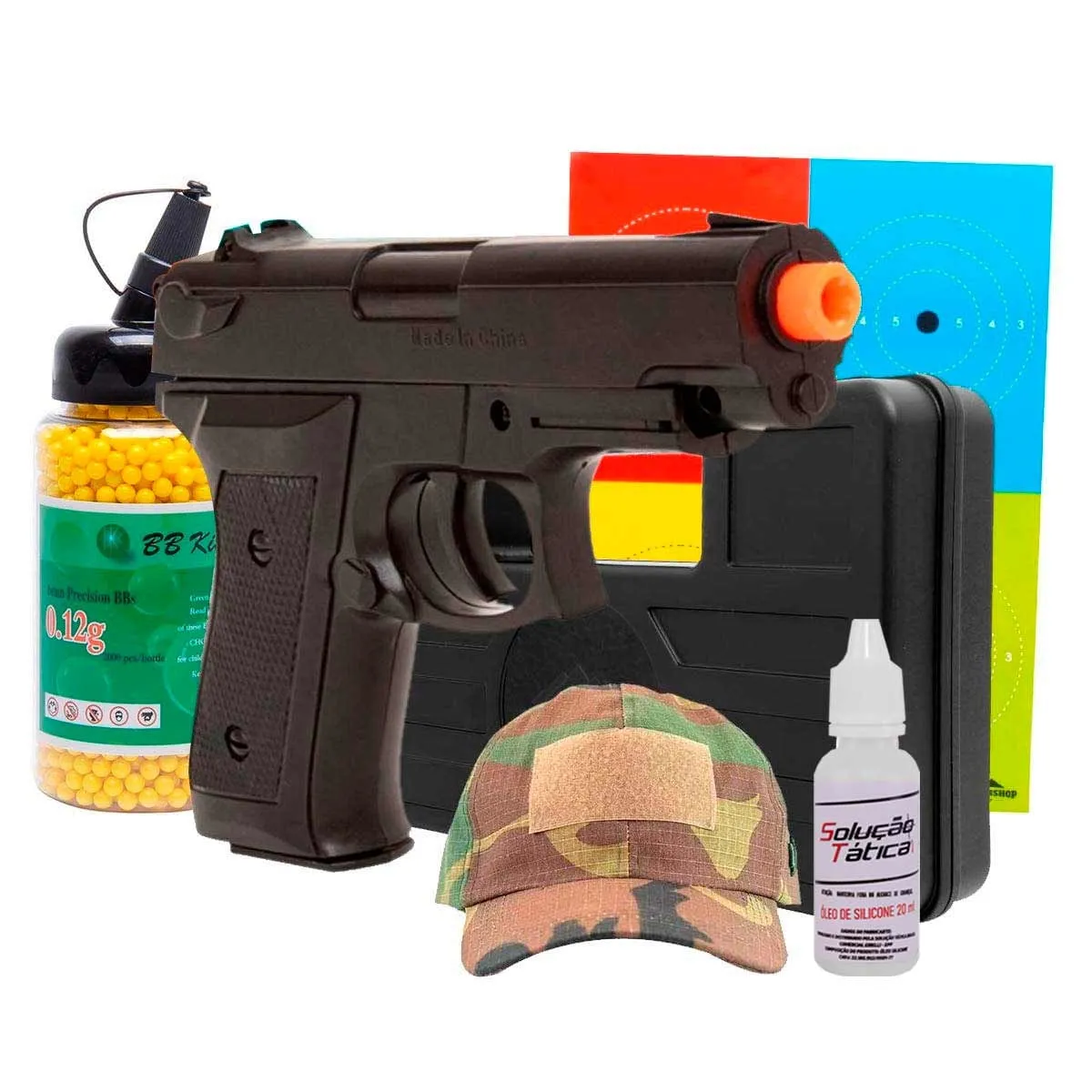 Pistola de Airsoft P1918 Spring - Vigor + Case + Alvo + BBs + Silicone + Boné