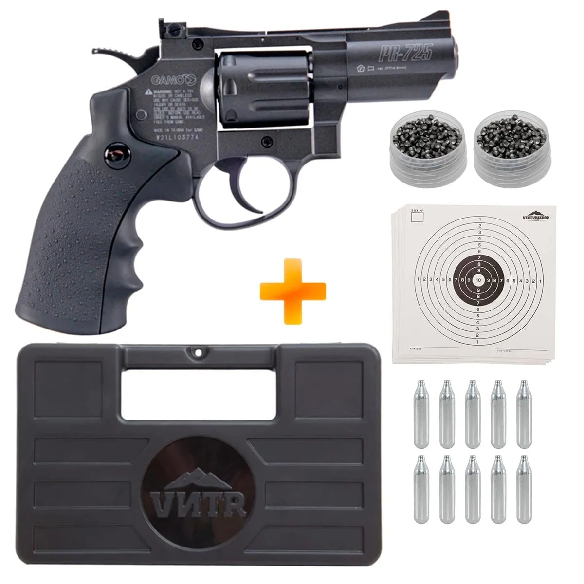 Revólver de Pressão a Gás CO2 PR-725 4.5mm - Gamo + Maleta + Chumbinhos + CO2 + Alvos